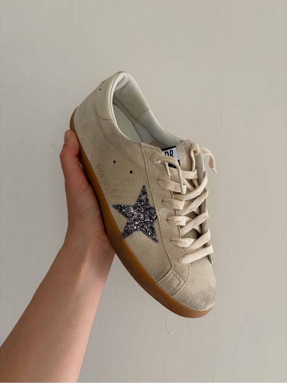Golden Goose Beige Suede Sneakers with Glitter Star Accent